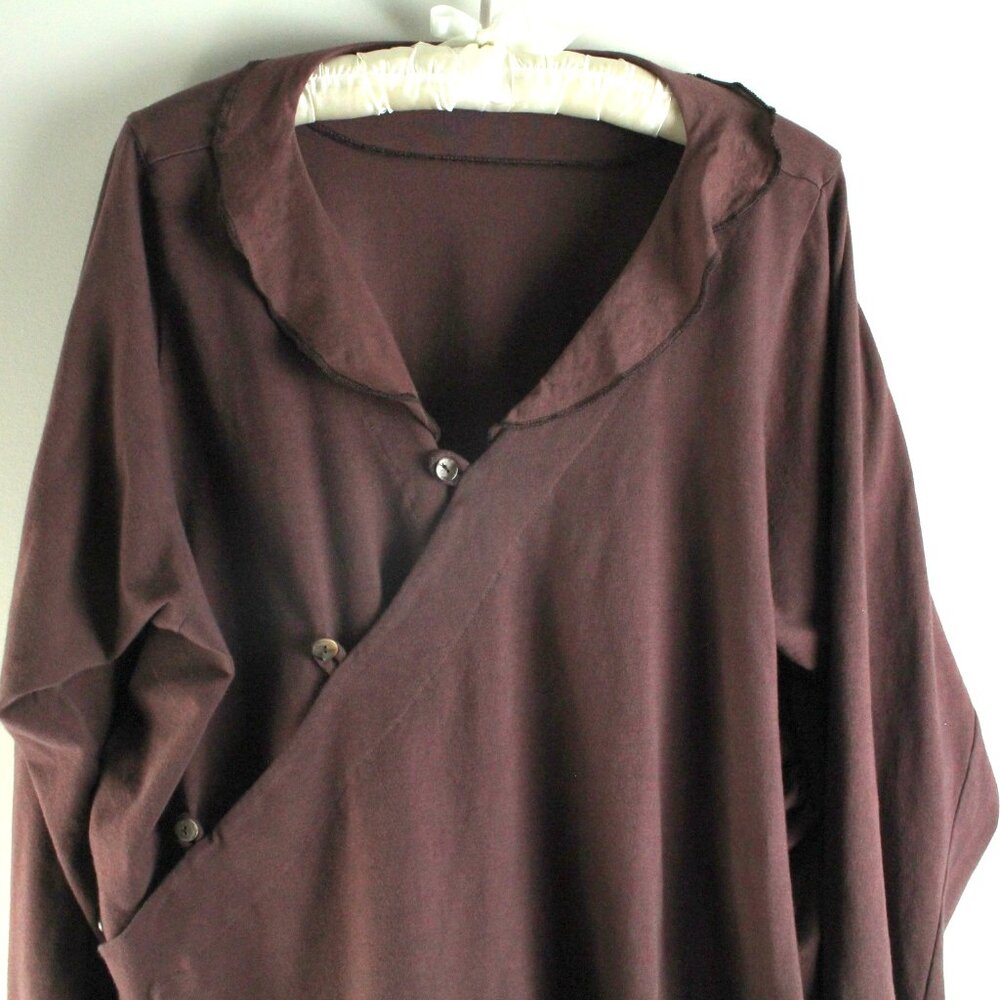 Bluefish Brown Draping Crossover Asymmetrical Side Button Long Sleeve Top 1 - Picture 2 of 7